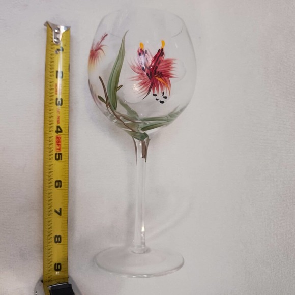 9" Goblet HAND PAINTED WINE GLASS Hawaiian Hibiscus Lilly Flowers - Picture 14 of 15